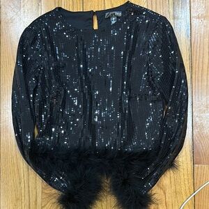 AQUA Black Sequin Top with Feather Trim